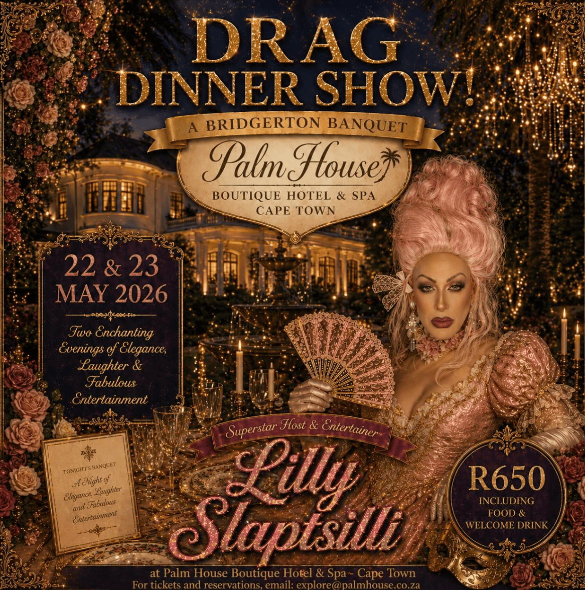 Elegant drag performer Lilly Slaptsill in glamorous costume holding a fan at the Brigerton Dinner event at Palm House Boutique Hotel & Spa, Cape Town, during the Drag Dinner Show.